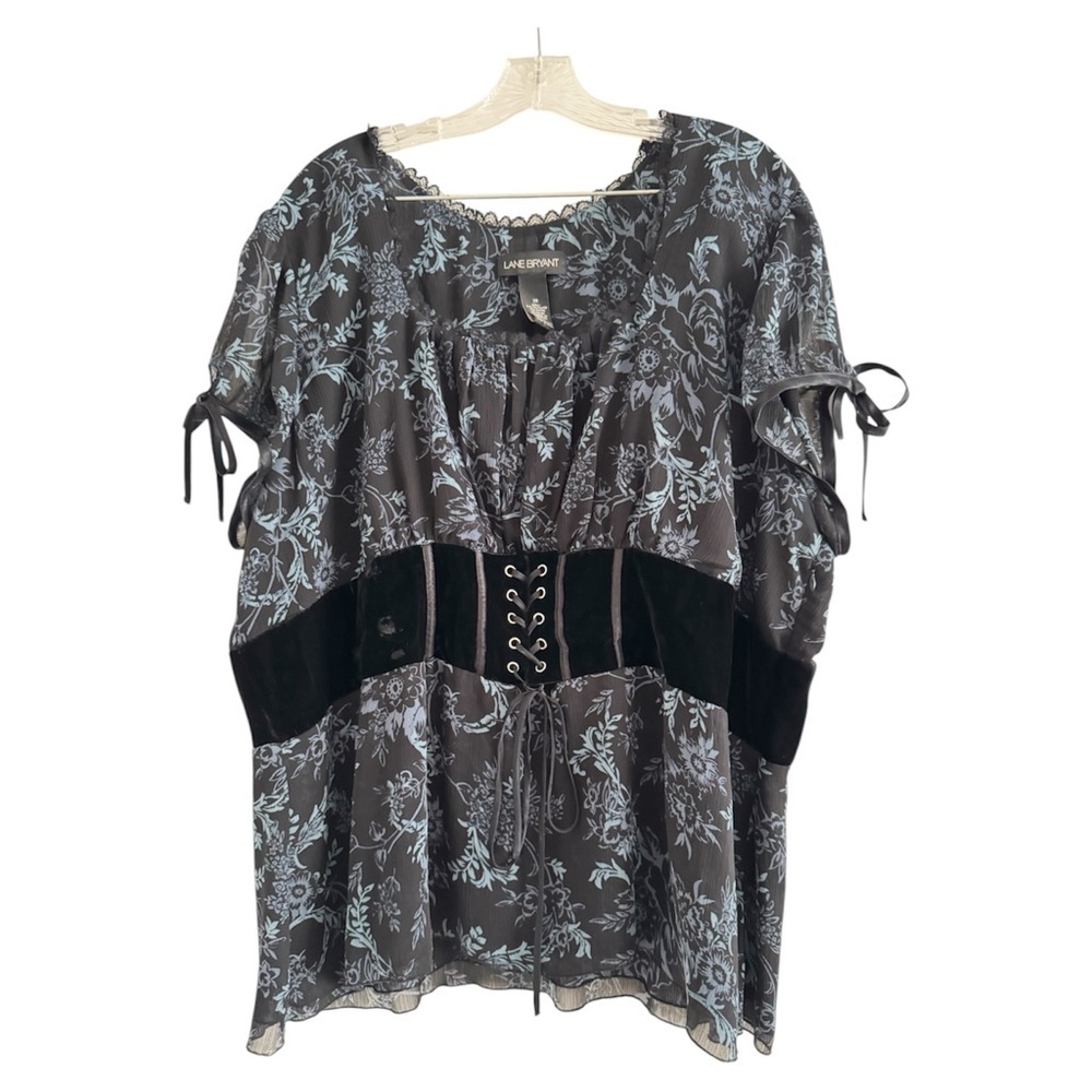 Lane Bryant Floral Corset Waist Peasant Blouse Black Blue Velvet Lace Up Size 26